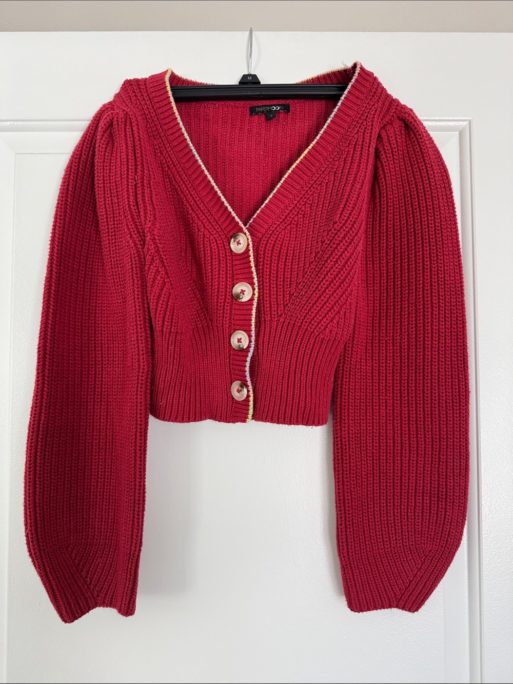 Papermoon Red V-Neck Cropped Button Cardigan with Contrast Trim
